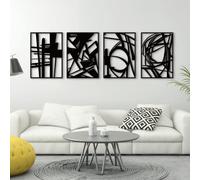 Glamativity Lot de 4 grandes décorations murales abstraites en métal noir à une ligne - Décoration murale minimaliste à une ligne - Sculptures murales en métal texturé 3D pour salon, chambre à