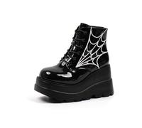 Glamidea Bottes à Lacets pour Femme en Cuir Verni Noir à Talon Wedge et Plateforme Style Moto Moderne avec Motif en Filet Style Gothique Punk Bottines Décontractées