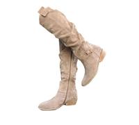 Glamidea Bottes Au Genou en Daim Bottes Cow-Boy à Fermeture Éclair et Talon Bloc D'hiver Unies Chaudes à Talon Bas Style Western Élégantes et Décontractées