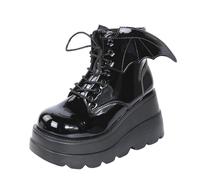 Glamidea Bottines à Lacets pour Femmes avec Forme D’aile Latérale Mode en Cuir Verni Noir Goth-Punk avec Semelle Compensée et Plateforme Style Moto Décontracté