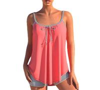 Glamidea Tankini Élégant pour Femme Ensemble 2 Pièces pour L'été Tenue Plage Décontractée Légère Combinaison de Natation avec Nœud Bretelles Spaghetti Haut sans Manches et Short de Bain Rayé