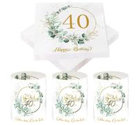 Glamifyr finemark Lot de 20 serviettes de table pour 40e anniversaire + 8 photophores Décoration de table Happy Birthday 40 ans Serviettes vert eucalyptus Décoration de table pour 40e anniversaire