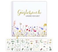 Glamifyr Livre d'or de mariage avec 144 pages - Livre d'or de mariage DIY - 21 x 21 cm - Livre d'or floral vierge avec 8 autocollants exquis en eucalyptus - Pour souvenirs inoubliables