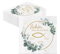 Glamifyr Lot de 40 serviettes de table pour communion, confirmation, baptême, garçon et fille, avec inscription « Schön dass du da bist », motif poisson autour d'eucalyptus, blanches, 33 x 33 cm