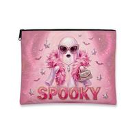 Glamorous Ghost Trousse de maquillage Halloween avec citation effrayante | Art fantôme glamour, trousse de maquillage, lunettes de soleil œil de chat, boa à plumes, typographie ludique