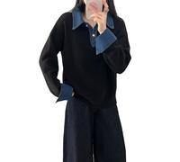 Glamour Oversized Knit Sweater for Women - Denim Polo Collar Mock Neck Pullover for Fall & Winter