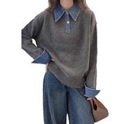 Glamour Oversized Knit Sweater for Women - Denim Polo Collar Mock Neck Pullover for Fall & Winter