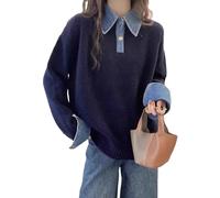 Glamour Oversized Knit Sweater for Women - Denim Polo Collar Mock Neck Pullover for Fall & Winter