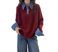 Glamour Oversized Knit Sweater for Women - Denim Polo Collar Mock Neck Pullover for Fall & Winter