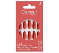 GLAMOUR PARIS 24 Faux Ongles Amandes Rouge - Kit Complet Colle, Lime, Bâtonnet, Applicateur - 12 Tailles - Manucure Facile
