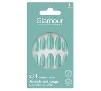GLAMOUR PARIS 24 Faux Ongles Amandes Vert - Kit Complet Colle, Lime, Bâtonnet, Applicateur - 12 Tailles - Manucure Facile