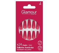 GLAMOUR PARIS - 24 Faux Ongles Ballerine Framboise - Kit Complet Colle, Lime, Bâtonnet, Applicateur -12 Tailles - Manucure Facile