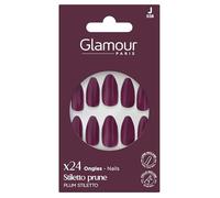 GLAMOUR PARIS - 24 Faux Ongles Stiletto Prune Intense - Kit Complet Colle, Lime, Bâtonnet, Applicateur - 12 Tailles - Manucure Facile