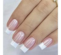 GlamRays 24 faux ongles blancs à bouts pressés, faux ongles carrés, longueur moyenne, nude rose acrylique français, couverture complète, faux ongles brillants