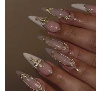 GlamRays 24 Faux Ongles French manucure Blancs en Amande Moyenne avec Lignes dorées 3D et Design croisé, Ongles adhésifs dorés