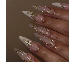 GlamRays 24 Faux Ongles French manucure Blancs en Amande Moyenne avec Lignes dorées 3D et Design croisé, Ongles adhésifs dorés