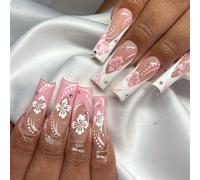 GlamRays 24 faux ongles, motif fleurs de cerisier blanc et rose, french manucure, avec strass