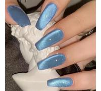 GlamRays 24 Ongles Longs Forme Cercueil Faux Ongles Bleus avec Designs Brillants Style Oeil de Chat Acryliques