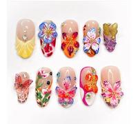 GlamRays 24 Pièces 3D Fleurs Tropicales Ongles Pressés Amande Moyenne, Charmant Papillons Fleurs Colorées, Lumineux Couvre-Complet Faits Main, Autocollants Ongles pour Femmes
