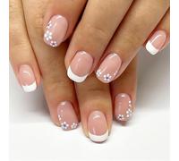 GlamRays 24 Pièces Autocollants Ongles à Pointes Françaises Fleurs Blanches Courtes Faux Ongles Carrés Fleurs Blanches Faux Ongles Brillants Couverture Complète