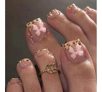 GlamRays 24 Pièces Autocollants Ongles D'orteils Léopard Carrés Courts Faux Ongles D'orteils Autocollants French Tip 3D Design Nœud Rose