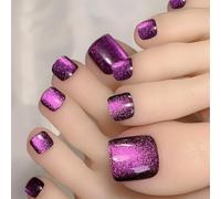 GlamRays 24 pièces Autocollants Ongles Pieds Paillettes Violettes Couverture Complète Carrée Faux Ongles avec Design en Poudre pour Femmes
