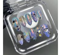 GlamRays 24 pièces Faux Ongles Autocollants français, Faux Ongles Amande Taille Moyenne avec Motif étoile 3D, Design de Vagues colorées, Fait Main