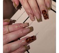 GlamRays 24 Pièces French Tip Press sur Ongles Longs Carrés Léopard Faux Ongles Marron French Tip Faux Ongles Autocollants Ongles Couverture Complète Brillants Ongles Artificiels