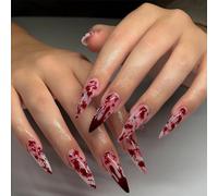 GlamRays 24 pièces ongles artificiels Halloween longs en amande nude couverture complète faux ongles avec design de taches de sang autocollants pour femmes