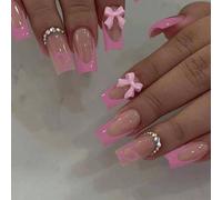 GlamRays 24 pièces Ongles autocollants français à bout carré long, doux motifs de nœud avec breloque, ongles artificiels roses à la française
