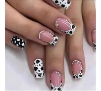 GlamRays 24 pièces Ongles Français Courts Faux Ongles Embout Carré avec Imprimé Léopard et Design Strass Rose Éclat Ongles en Acrylique Complets Ongles Autocollants