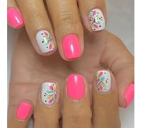 GlamRays 24 Pièces Ongles Press on Fleurs Courts Carrés Faux Ongles avec Design Joli Faux Ongles Couverture Complète Stick on Ongles Brillants Ongles de Printemps Ongles Autocollants Roses