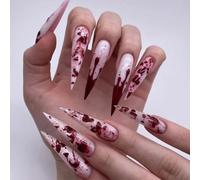 GlamRays 24 Pièces Stiletto Ongles Pression Longs Amande Faux Ongles avec Design Sang Rouge, Couverture Complète, Pression, Ongles Acryliques Artificiels, Faux Ongles Autocollants