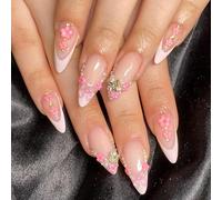 GlamRays 24pcs French tips Press on Nails Medium Almond Fake Nails with Flower Design Pink Bow Glue on Nails Butterfly Charm