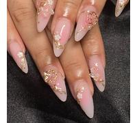 GlamRays 3D Fleur Cristal Ongles Pressés Moyenne Taille Amande Forme Faux Ongles Brillant Rose Couverture Complète Ongles Acryliques avec Décorations Design Lignes Dorées Artificiel 24 Pièces