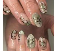 GlamRays Almond Ongles à Presser Courts Ovales Faux Ongles Paillettes Vert Brillance Tout-Ensemble Ongles Auto-Adhésifs Chrome Ligne Dorée Designs Solaires Faux Ongles Français Faits Main 24 Pièces