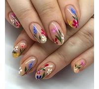 GlamRays Almond Spring Ongles Artificiels Fleurs Colorées Ongles Faux Finition Brillante Acrylique Pressions avec Designs Floraux Manucure Douce Fleurs Ensemble d'Ongles 24 Pièces