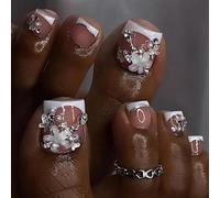 GlamRays Autocollants Ongles D'orteil Entiers avec Perles et Fleurs 3D Faux Ongles Carrés Courts d'Été 24 Pièces