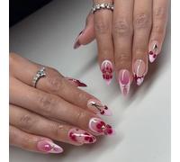 GlamRays Cerise Rouge Press On Ongles 24 Pièces Amande Design 3D Coffin Ongles Artificiels Autocollants Réutilisables Effet Gel pour Femmes Kit Manucure DIY