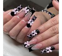 GlamRays Faux Ongles Coffin Long Noir Brillant Couverture Complète Acrylique Carré Français Faux Ongles avec Design Nœud Rose Ongles Artificiels Ballet Faux Ongles