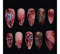 GlamRays Halloween Press on Nägel Mittellange Mandel Kunstnägel avec Design Œil et Sang Brillant Acrylique Couverture Complète Faux Ongles 30 Pièces pour Femmes et Filles