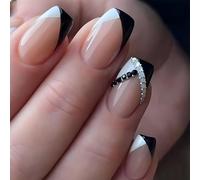 GlamRays Lot de 24 aux ongles courts carrés Coffin avec pointe française noire et blanche, motifs brillants, avec colle sur les ongles