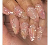 GlamRays Lot de 24 faux ongles 3D faits à la main, en acrylique, avec breloques, en forme d'amande, motif fleurs et vagues, dégradé de couleur