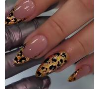GlamRays Lot de 24 faux ongles à coller, en acrylique, forme amande, taille moyenne, motif léopard, doré, nude, brillant, couverture complète de l’ongle