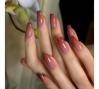 GlamRays Lot de 24 faux ongles à coller, longueur moyenne, en forme de cafine, avec dégradé de pêche, dégradé brillant, couverture complète, en acrylique