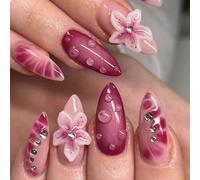 GlamRays Lot de 24 faux ongles à effet 3D, en forme d'amande, en acrylique, en forme d'amande, rose, rouge, avec motif en forme de goutte d'eau, fleur et strass