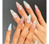 GlamRays Lot de 24 faux ongles à presser en acrylique 3D pour l'été - Amandes moyennes - Coquillages bleus - French Tips - Press on Nails - Colle sur les ongles - Étoile de mer - Vagues