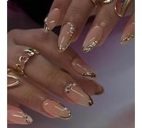 GlamRays Lot de 24 faux ongles à presser en forme d'amande moyenne avec perles - Design bijoux dorés - Ligne française - Ongles adhésifs brillants