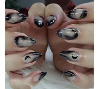 GlamRays Lot de 24 faux ongles à presser en forme d'amande - Noir dégradé français nude rose - Avec motif lune - Couverture complète - À coller