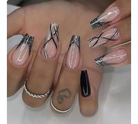 GlamRays Lot de 24 faux ongles à presser, français, en forme de cercueil, avec ligne argentée noire, couverture complète, réutilisables, adhésifs, en acrylique